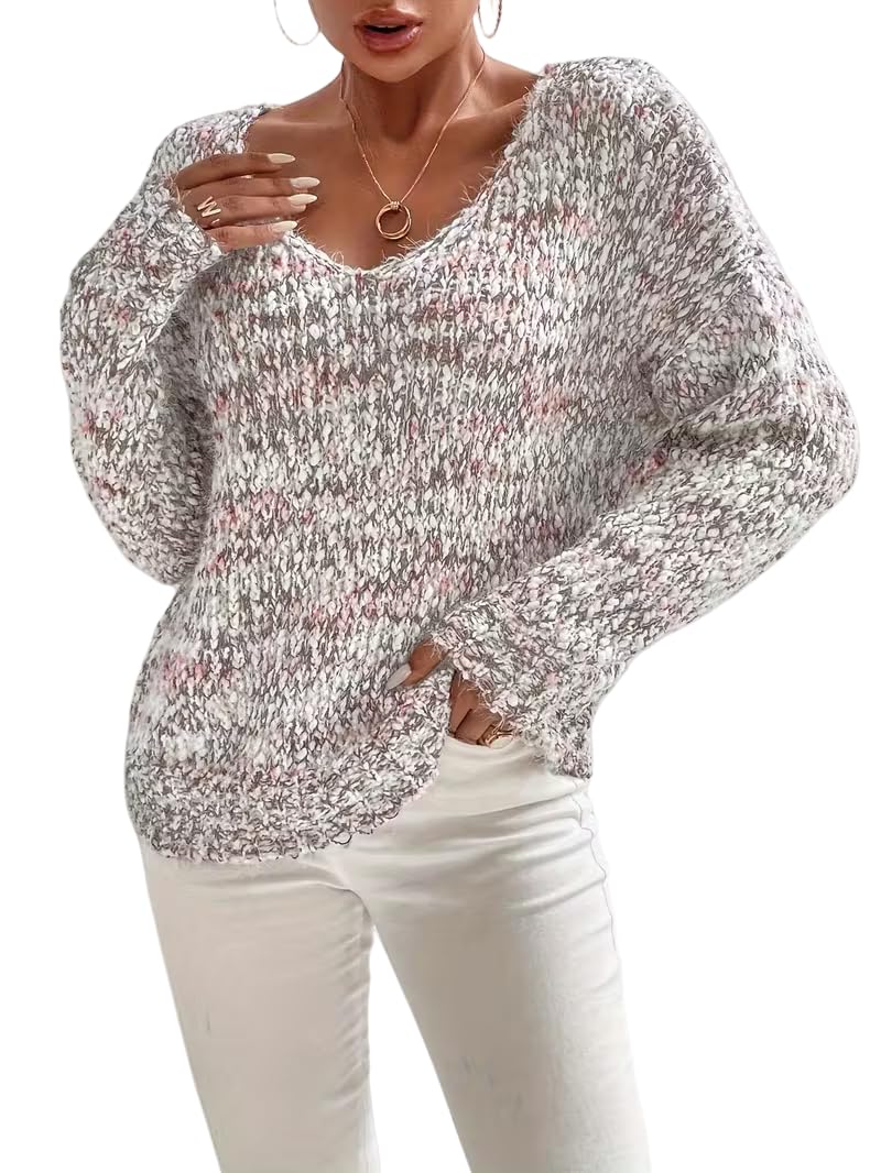 Womens V-Neck Popcorn Knit Sweater Long Sleeve Marled Gray and Pink