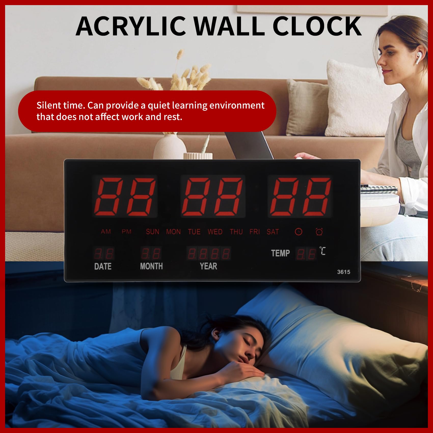 LED Calendario Perpetuo Orologio Elettronico Orologio da Parete Digitale Sveglia Orologio Orario con Suoneria Temperatura Orologi da Tavolo Home Office Rosso