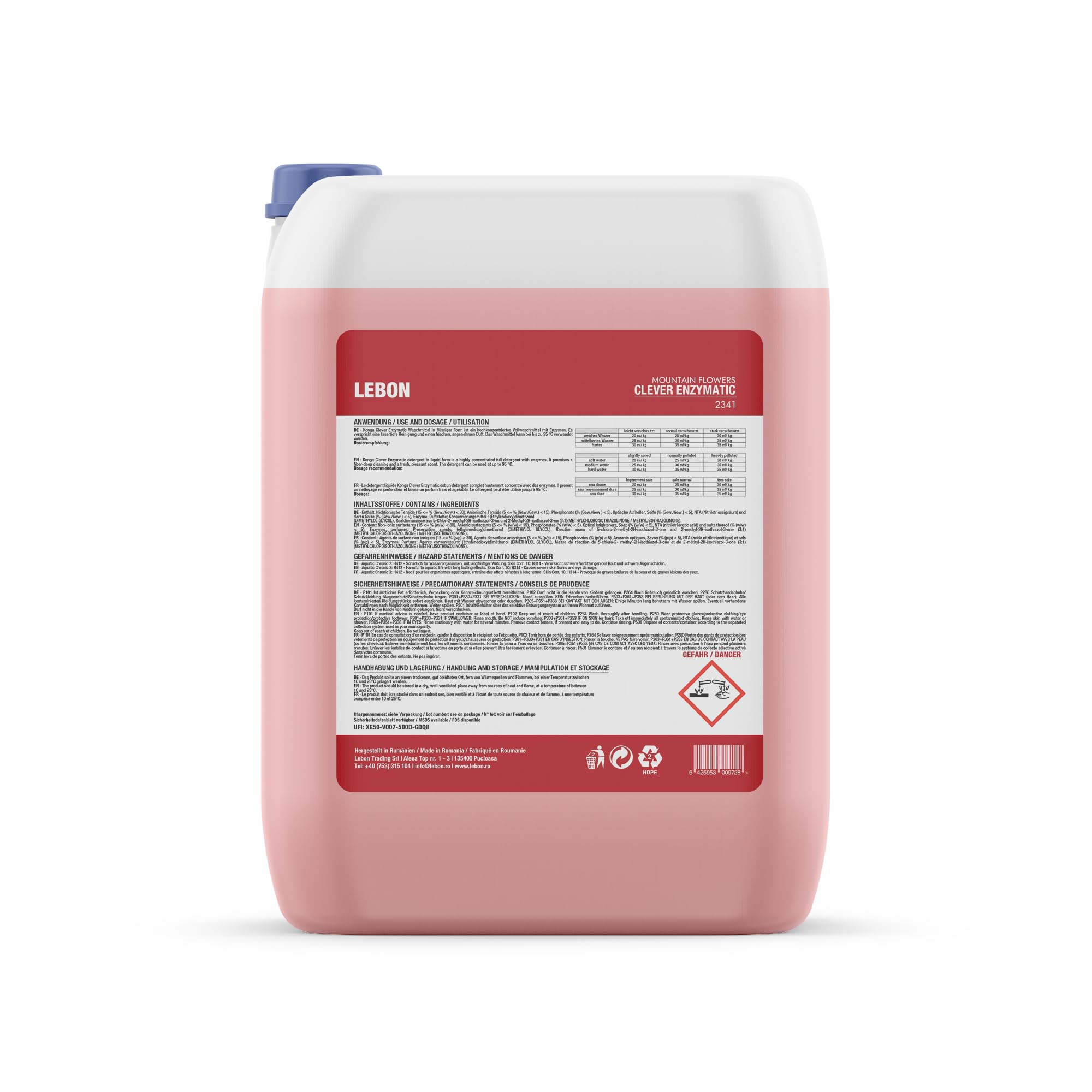 Lessive enzymatique Konga Clever Enzymatic – 20 L, parfum Mountain Flowers, pour linge coloré et blanc (20L, Mountain Flowers)