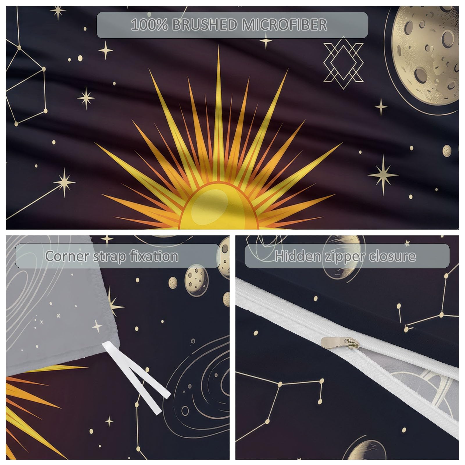 Set di biancheria da letto matrimoniale con copripiumino bohémien, reversibile, in morbida microfibra traspirante, con sole, luna e stelle, 200 x 200 cm, con 2 federe, facile da pulire