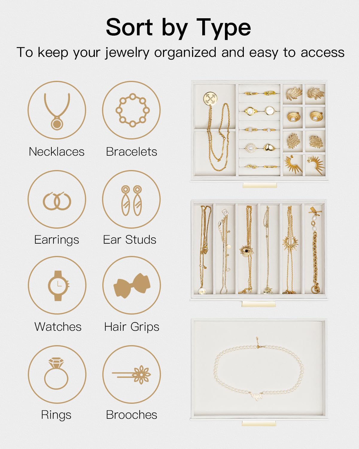 Vlando Schmuckschatulle für Damen, Glasdeckel, Schmuck-Organizer mit 3 Schubladen für Halsketten, Ringe, Ohrringe, Armbänder, Weiß