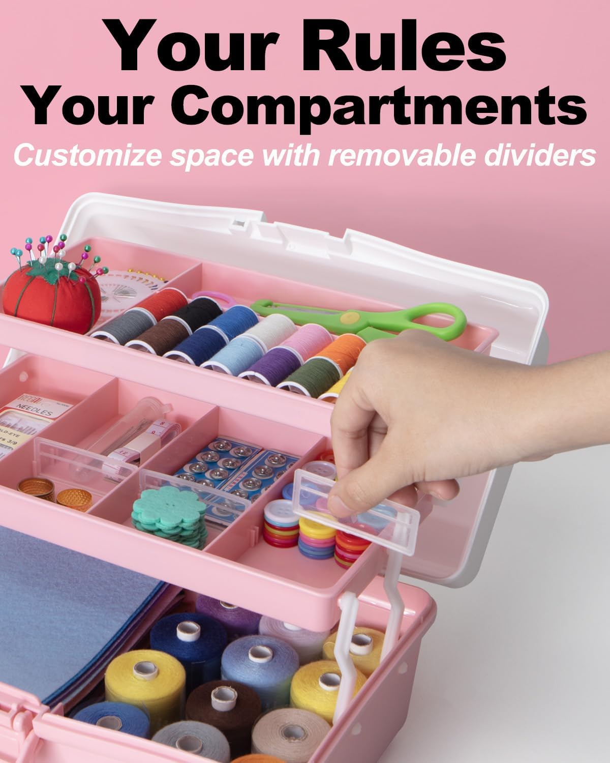 12in 3-Layer Plastic Craft Organizers and Storage, Portable Folding Tackle Box with Handle & Adjustable Dividers, Multipurpose Case for Sewing, Art Supplies, Medicine, Tools (White Pink) - Image 4