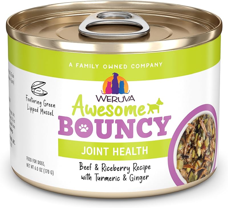 Ração úmida para cães adultos Weruva Awesome Bouncy de carne bovina e arroz integral, lata com 170 g, pacote com 8