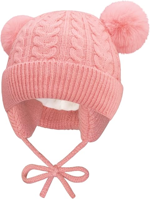 GRPSKCOS Baby Bobble Hat Pompom Beanie Knit Earflaps Winter Cap with Fleece Lining for Infant Toddler Boys Girls 0-3 Years