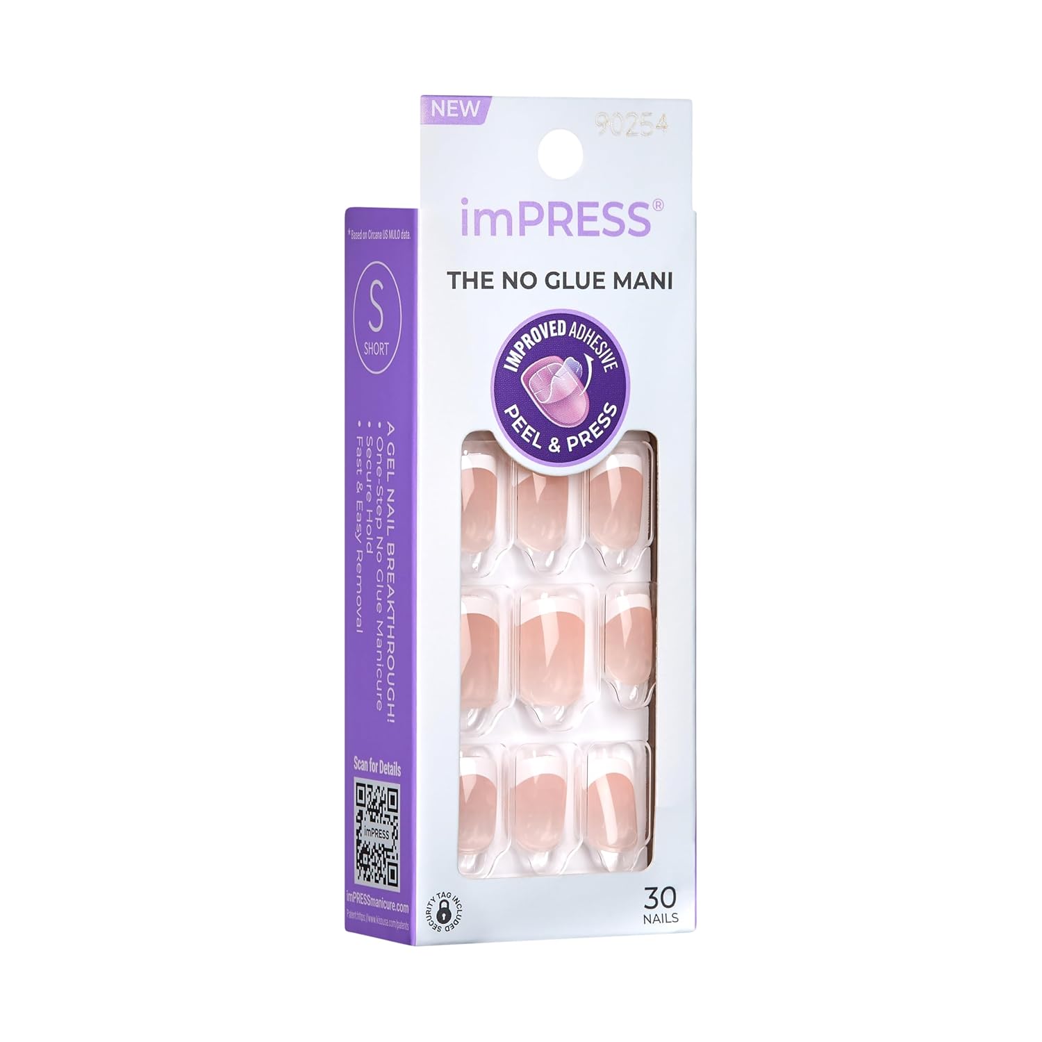 Kiss Impress No Glue Mani Press On Nails, Design, 'Chic French', Pink, Short Size, Squoval Shape, Includes 30 Nails, Prep Pad, Instructions Sheet, 1 Manicure Stick, 1 Mini File (Pack of 2)