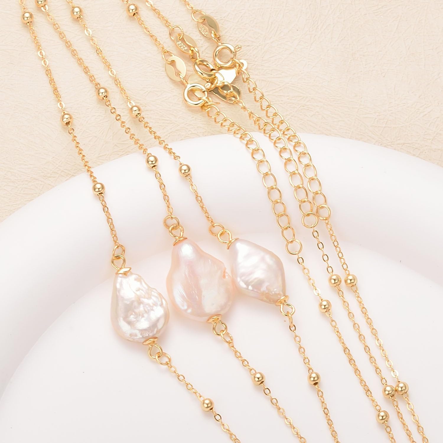 Aleasha Sterling Silver Pearl Necklace Single Baroque Pearl Pendant Bead Chain for Women 18K Gold Plated Handmade Jewelry