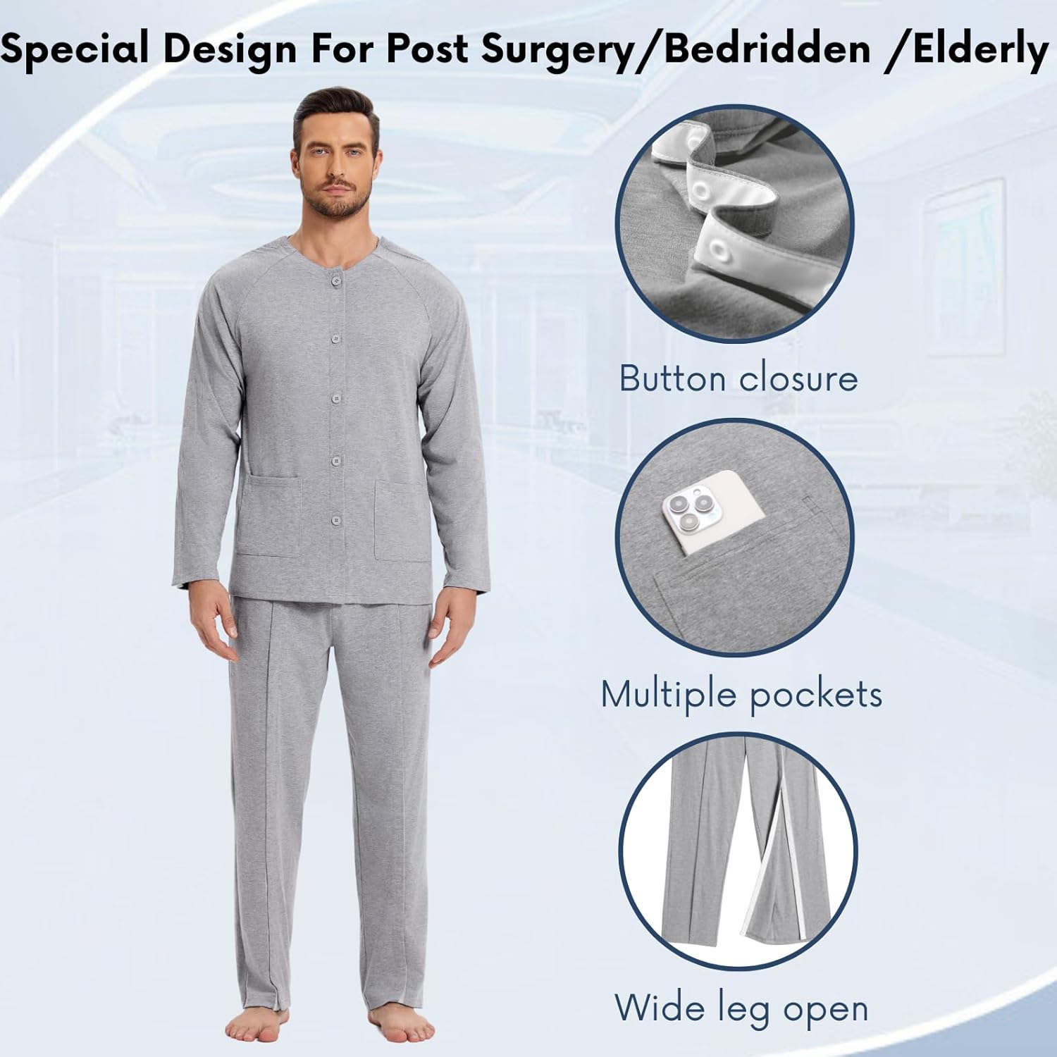 Deyeek Post Shoulder Surgery Shirts for Men Chemo Port Shirts Dialysis Patient Care Tear Away Cotton Pajamas Set