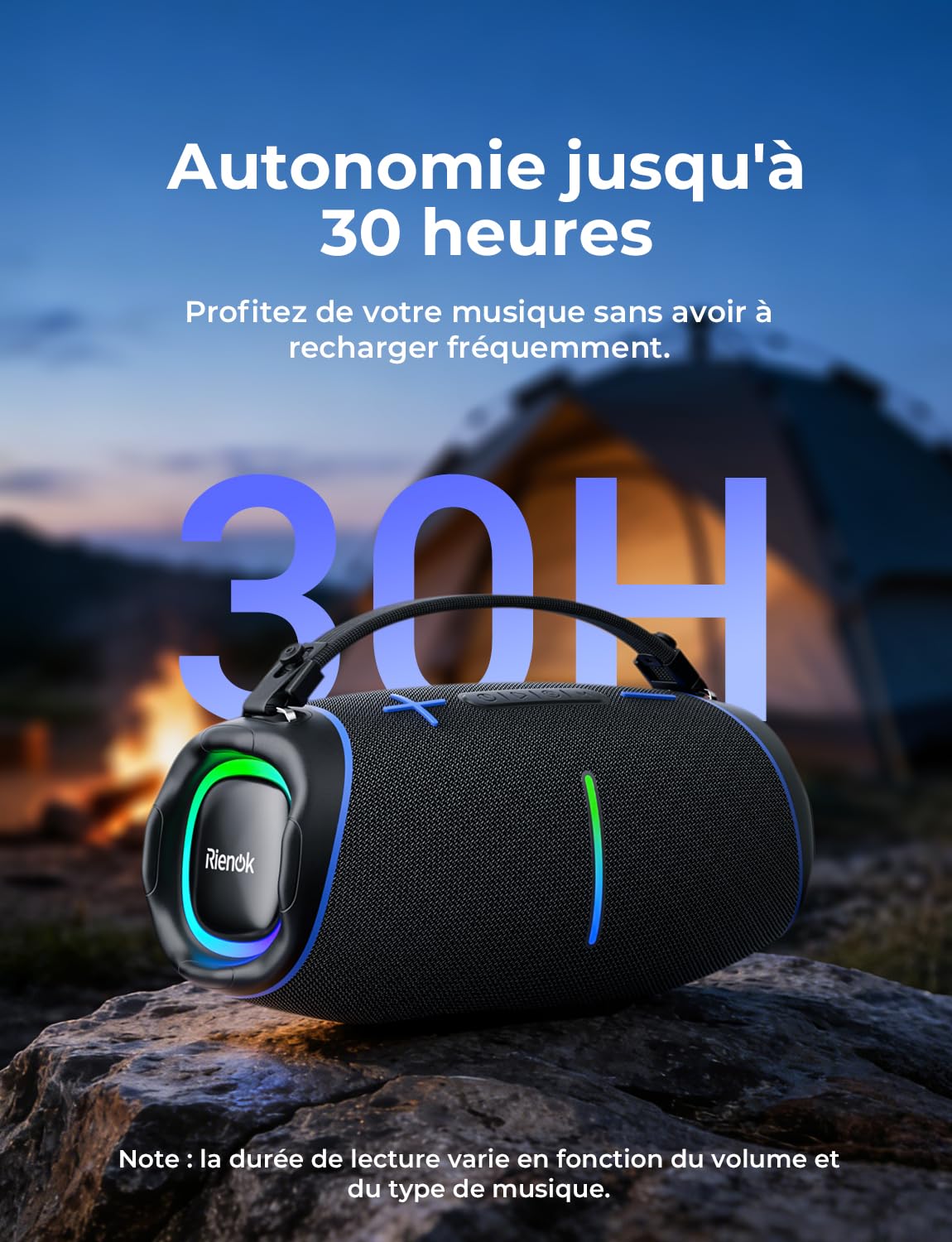RIENOK Enceinte Bluetooth, 100 W Enceinte Puissante, 2 Tweeters et 2 Woofers, 5200 mAh Haut Parleur Bluetooth 5.3, 30H, IPX6, 128Go, Port Clé USB, AUX et TF Carte, pour Fêtes Soirées Voyage Extérieur