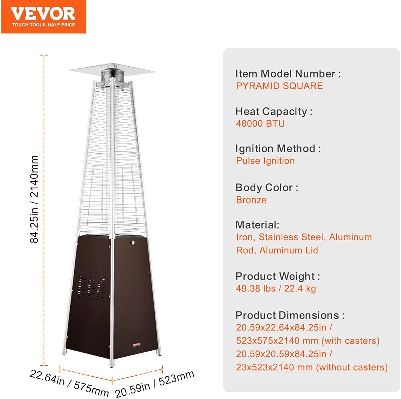 VEVOR Patio Heater for Outdoor Use, 48000BTU Pyramid Propane Heater w/Wheels, Quartz Glass Tube Outdoor Patio Flame Heater for Patio, Party, Backyard, Garden, Decoration, Hammered Bronze image 7