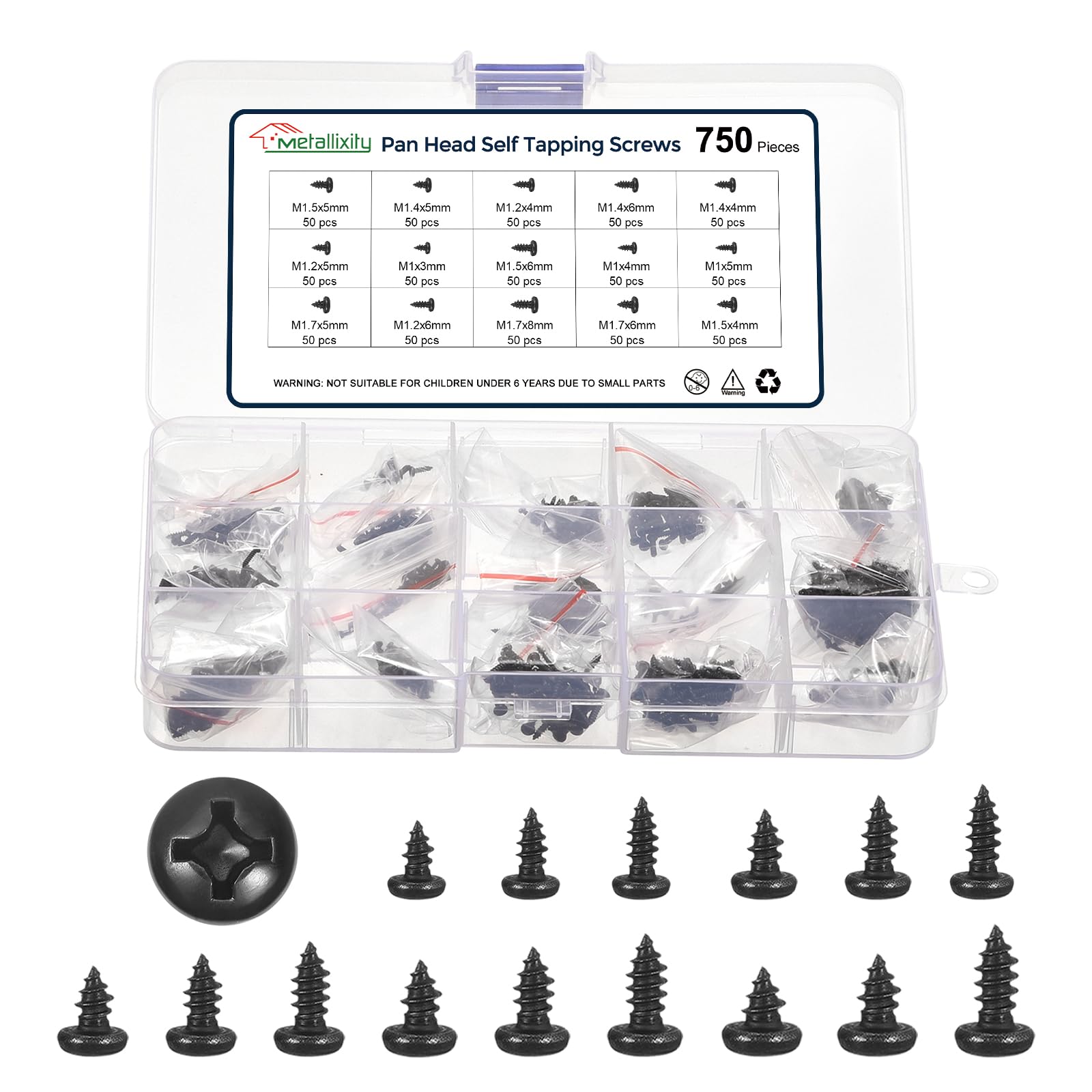 METALLIXITY Phillips Pan Head Self Tapping Screws(M1/M1.2/M1.4/M1.5/M1.7) 750Pcs, Carbon Steel Self Drilling Screw Assortment Kit for Metal Wood Plastic, for Cabinet Wall Shutter Plate, Black โ image 1
