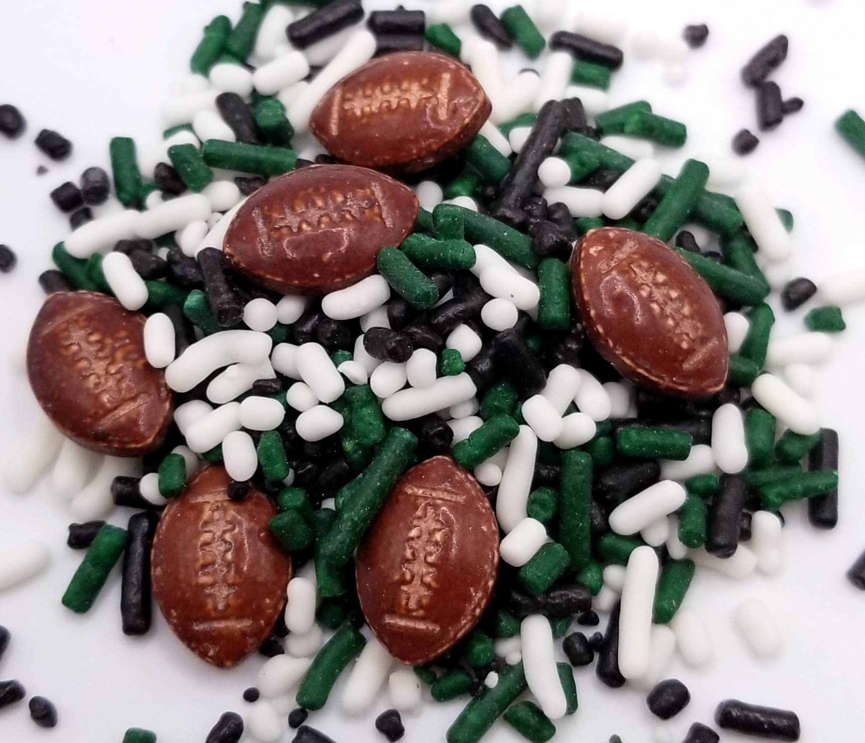 NCSFootballs with Black, White, and Green Jimmies Edible Sprinkles, 8 ounces - Great for Cupcakes, Cookies, Cakes, Donuts, Cakes Pops