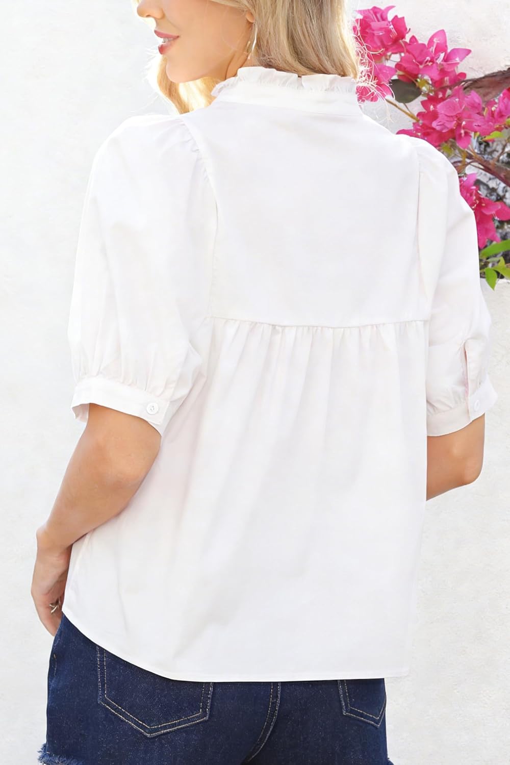 Womens Babydoll Peplum Summer Tops Short Puff Sleeve Blouse V-Neck Pleated Loose Fit Dressy Casual Shirts - Image 4