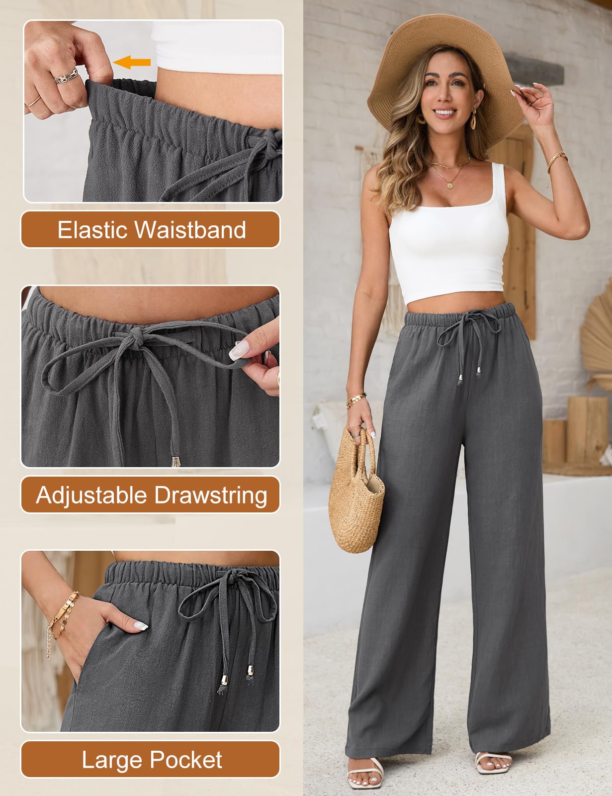 Voqeen Pantaloni Estivi da Donna in Lino Pantaloni Casual in Cotone e Tessuto di Lino Pantaloni Casual Monocromatici Pantaloni da Spiaggia a Vita Alta e Gamba Larga con Tasche