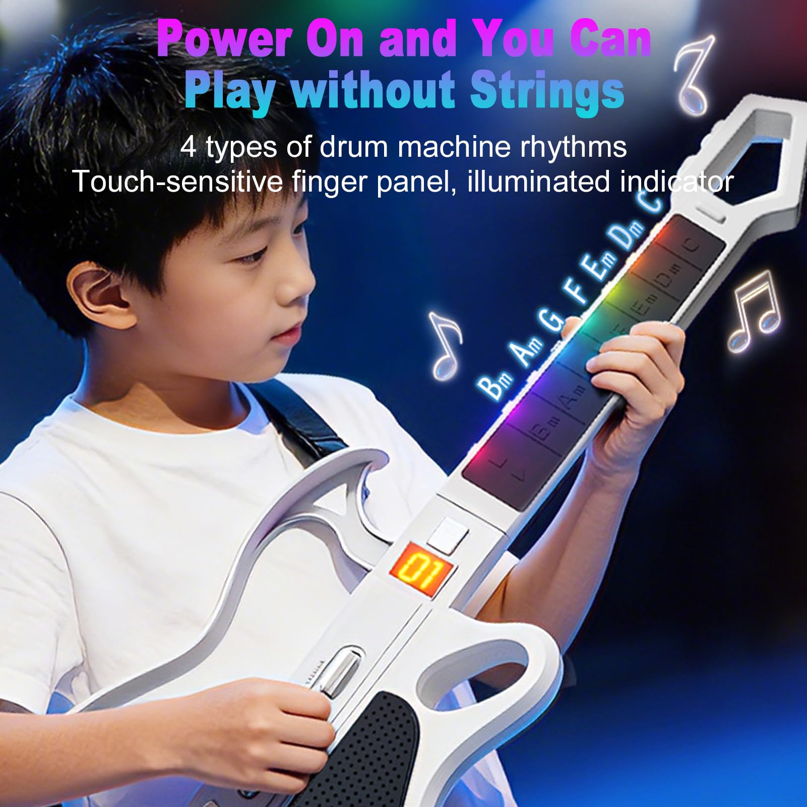 Tissting Chitarra Elettrica Giocattolo Per Bambini Pieghevole Senza Corde - 7 Suoni, Batteria Ricaricabile, 4 Ritmi, Cinturino Incluso Per Musica In Famiglia E All'Aperto (White)
