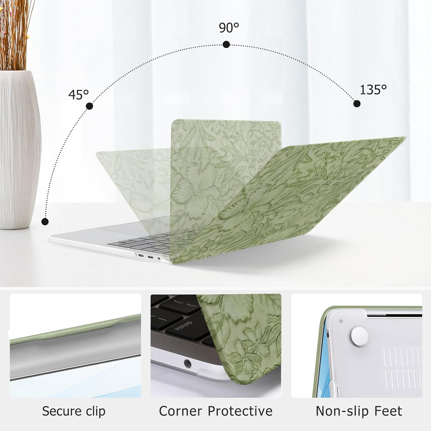 MOSISO Compatible with MacBook Pro 13 inch Case 2026, 2025-2016 M2 M1 A2338 A2251 A2289 A2159 A1989 A1708 A1706, Embossed Retro Hibiscus Texture PU Leather Coated Hard Case&Keyboard Cover, Green