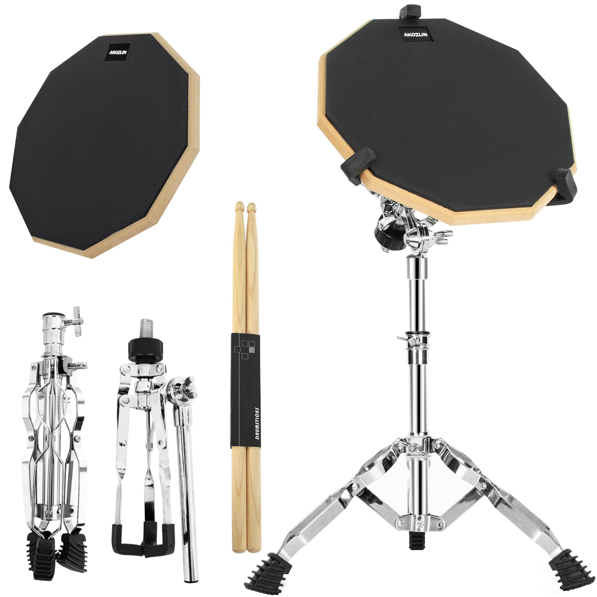 AKOZLIN Drum Pad Stand Set with 12'' Double Sided Silent Pad, 5A Drum Sticks, Adjustable Snare Stand - BlackGlobal Recycled StandardGlobal Recycled StandardGlobal Recycled Standard