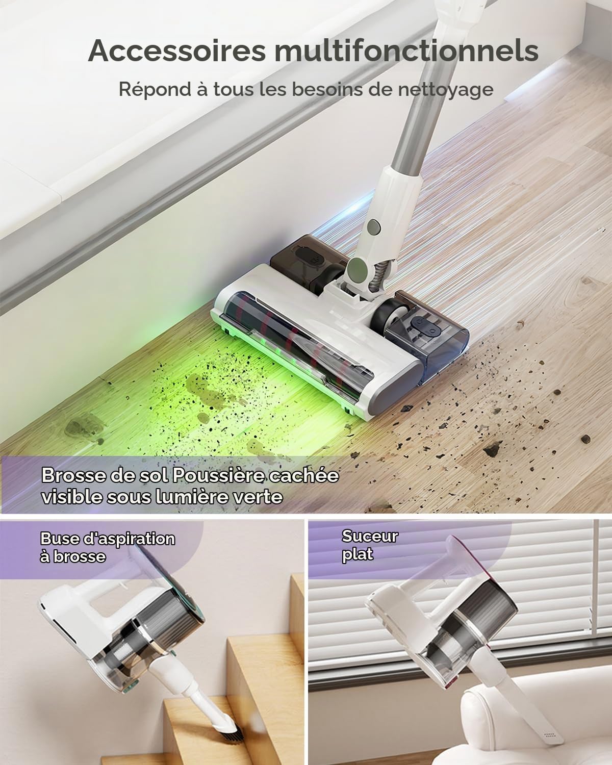 Aspirateur Balai Sans Fil, 15 000 Pa/40 000 RPM/30 Min, Aspirateur Laveur Autoportante avec Tube Pliable, Lumière Verte, Filtration Anti-Allergènes, pour Poils d'Animaux, Tapis, Sols Durs, Voiture
