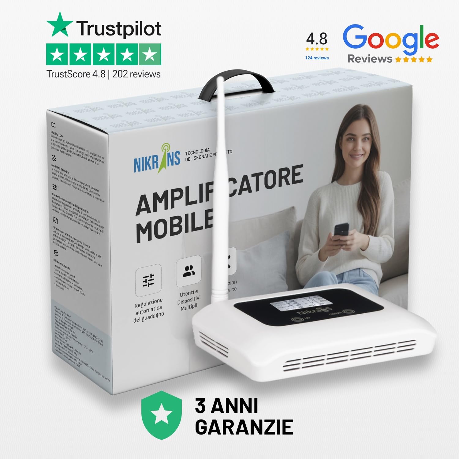 Amplificatore de Segnale GSM Banda 8 (900MHz) - Ripetitore di Segnale Mobile per Casa e Ufficio - Copertura Fino a 130 m² - Compatibile con TIM, Vodafone, WindTre, ecc.