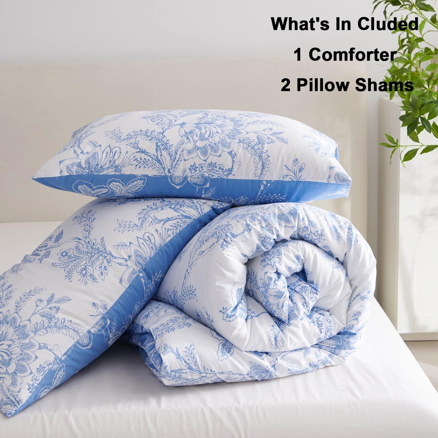 Nayoroom Blue Floral Comforter Set Queen Size White Coquette Bedding Comforter Set 3 Pieces Soft Lightweight Cottagecore Flower Comforter for All Seasons (1 Comforter, 2 Pillow Shams)