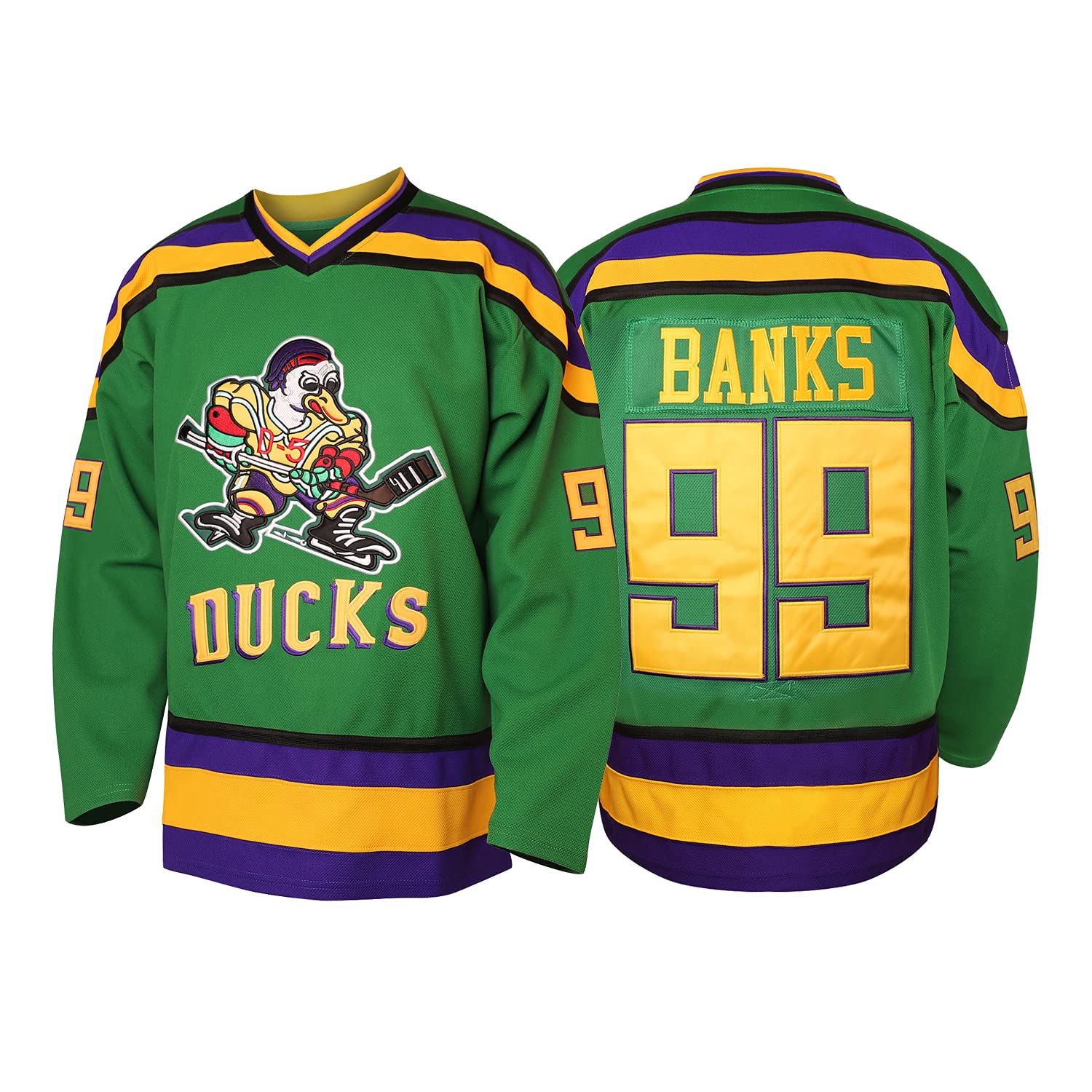 MESOSPEROMen's Mighty Ducks 96 Charlie Conway 99 Adam Banks 33 Greg Goldberg Movie Hockey Jersey White Green Black