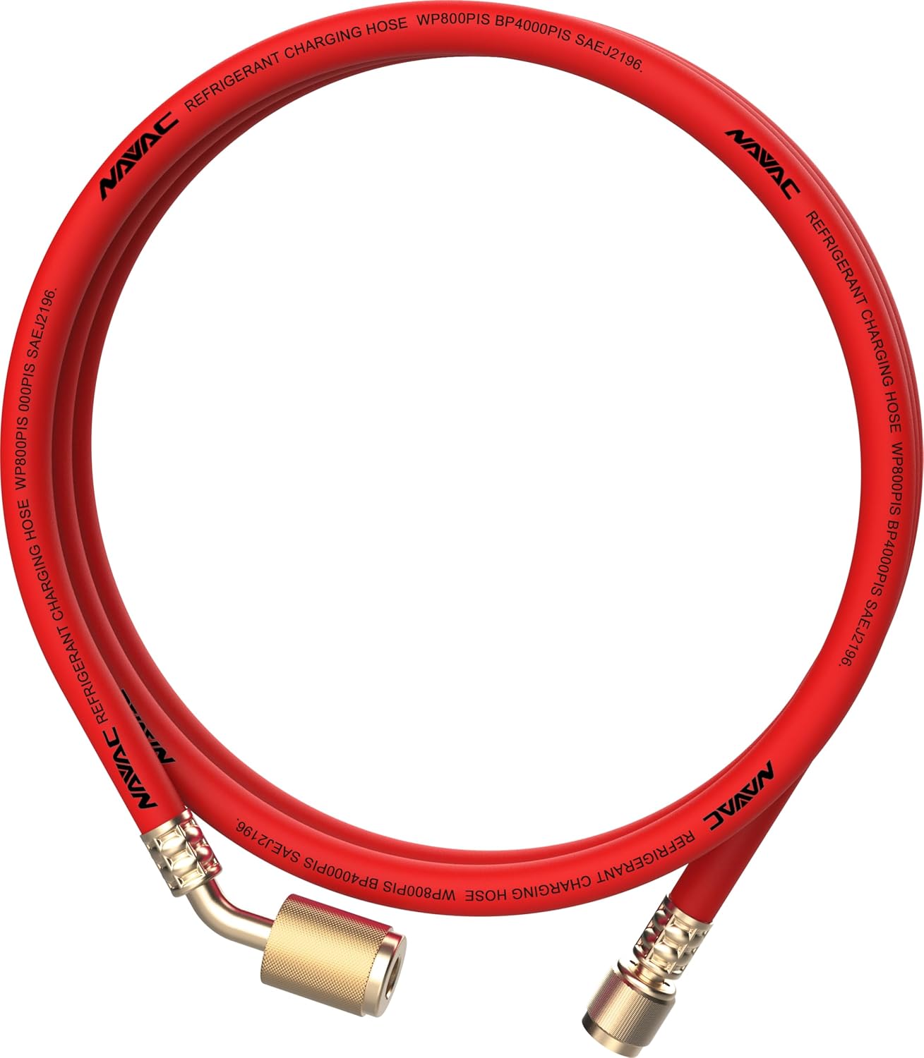 NAVAC Low Loss HVAC Refrigerant Charging Hose Set NH5SLL | 5' 1/4" SAE | 800 PSI High Pressure | Red Yellow Blue Hoses w/ 45° Fitting | A2L Compatible R410A R22 R134a | F2010 A2L Adapter Included