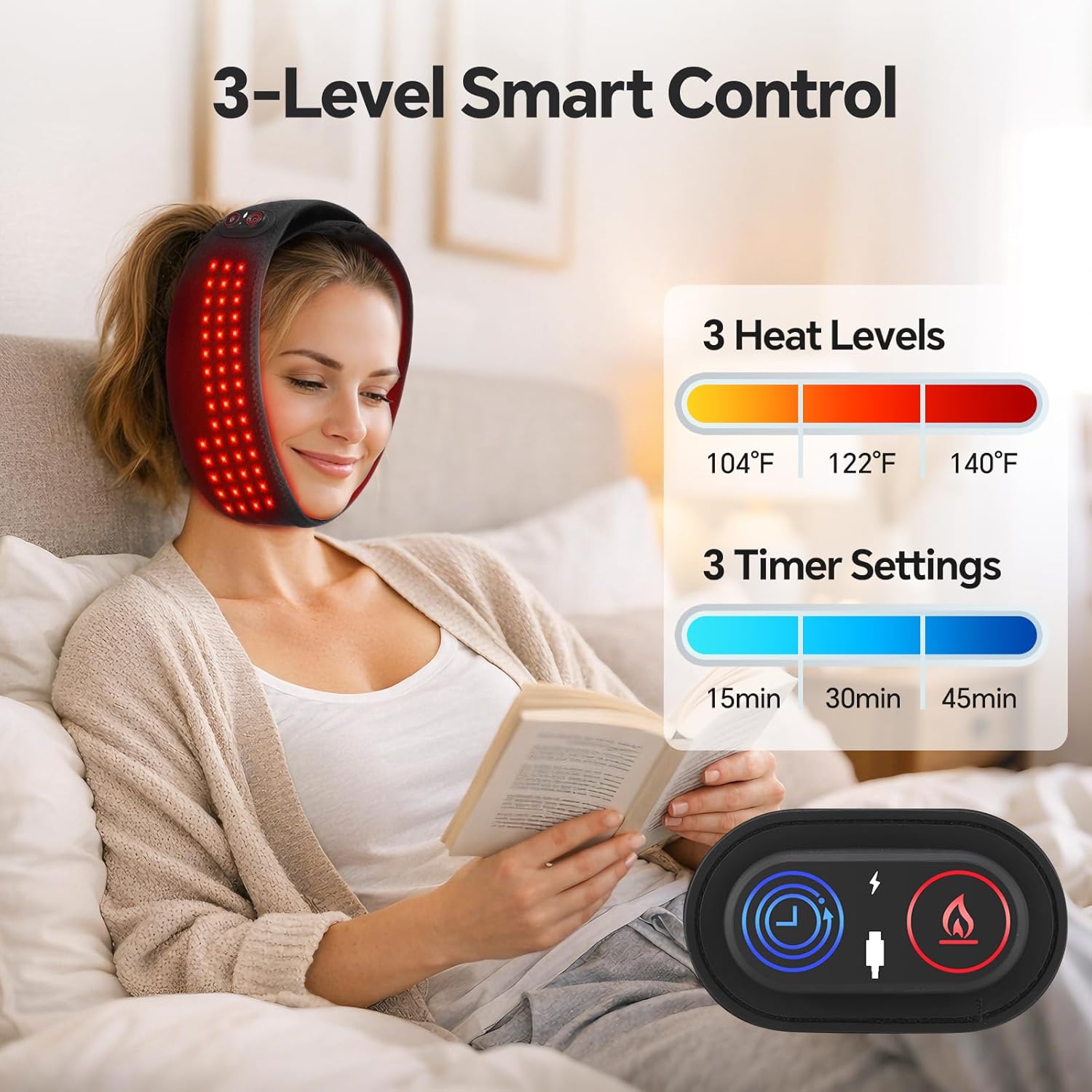 Cordless TMJ Heating Pad with Red Light, Jaw Heating Pad, TMJ Heat Pad, TMJ Facial Heating Wrap, 660nm, 3 Heating Levels & Timed Auto-Off, Rechargeable 5000mAh Battery