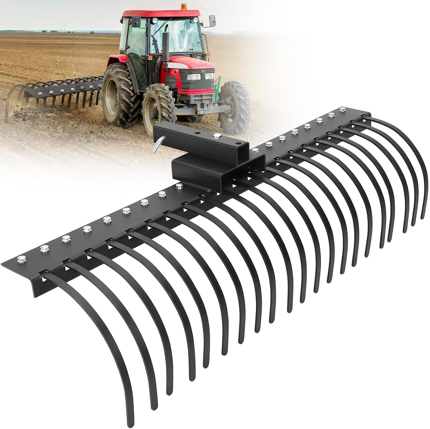 60 in Landscape Rake,3 Point Attach Rock Rake Fit for 2 in Receiver with 360 Degree Rotation,Tow-Behind Garden Tool for Compact Tractors, Category 1