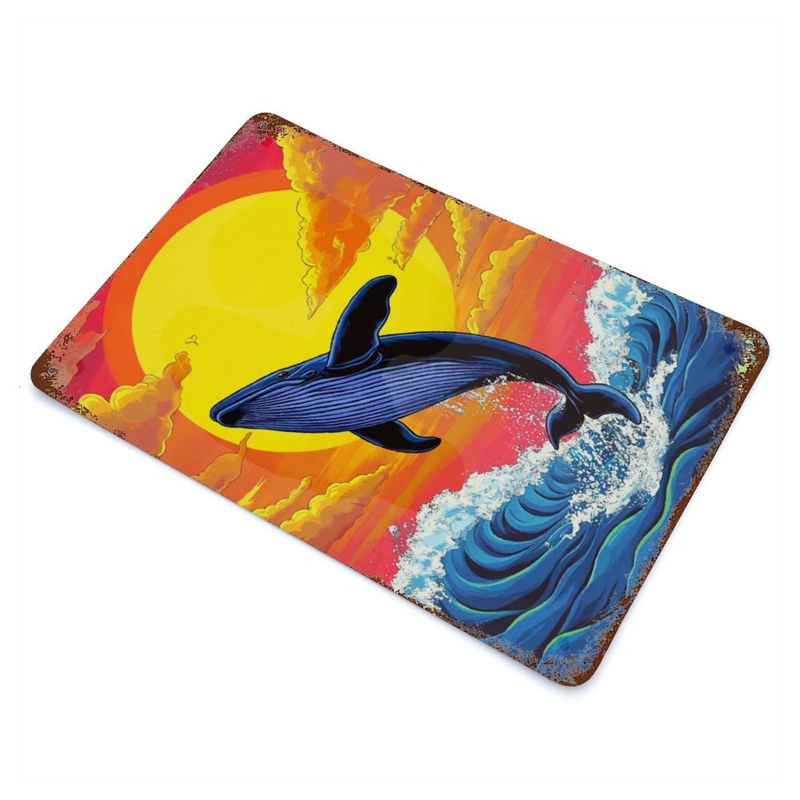 Whale Breaching Sunset 11.8"x7.9" Rust Effect Tin Sign, Industrial Home Decor for Living Room, Hallway And Home Decor
