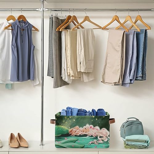 Miniatura 5 de Cesta de almacenamiento rectangular de sirena con asas de cuero, organizador para autos