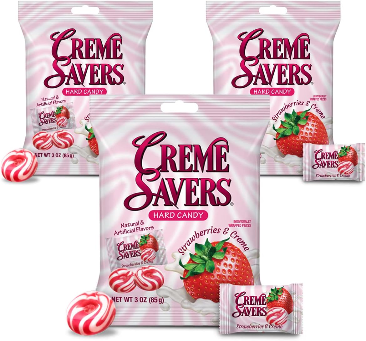 Creme Savers Classic Hard Candy, Old Fashioned Strawberry Crème 3 oz (Pack of 3), Value Pack Individually Wrapped Candies Treats for Kids Children College Students