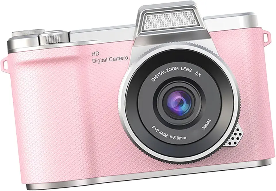Asixxsix Câmera Digital 4K, Câmera Sem Espelho de 48MP 1080P com Zoom de 8X, Tela Articulada de 2,4 polegadas, Flash Integrado, Foco Automático, Compacta para Iniciantes (PINK)