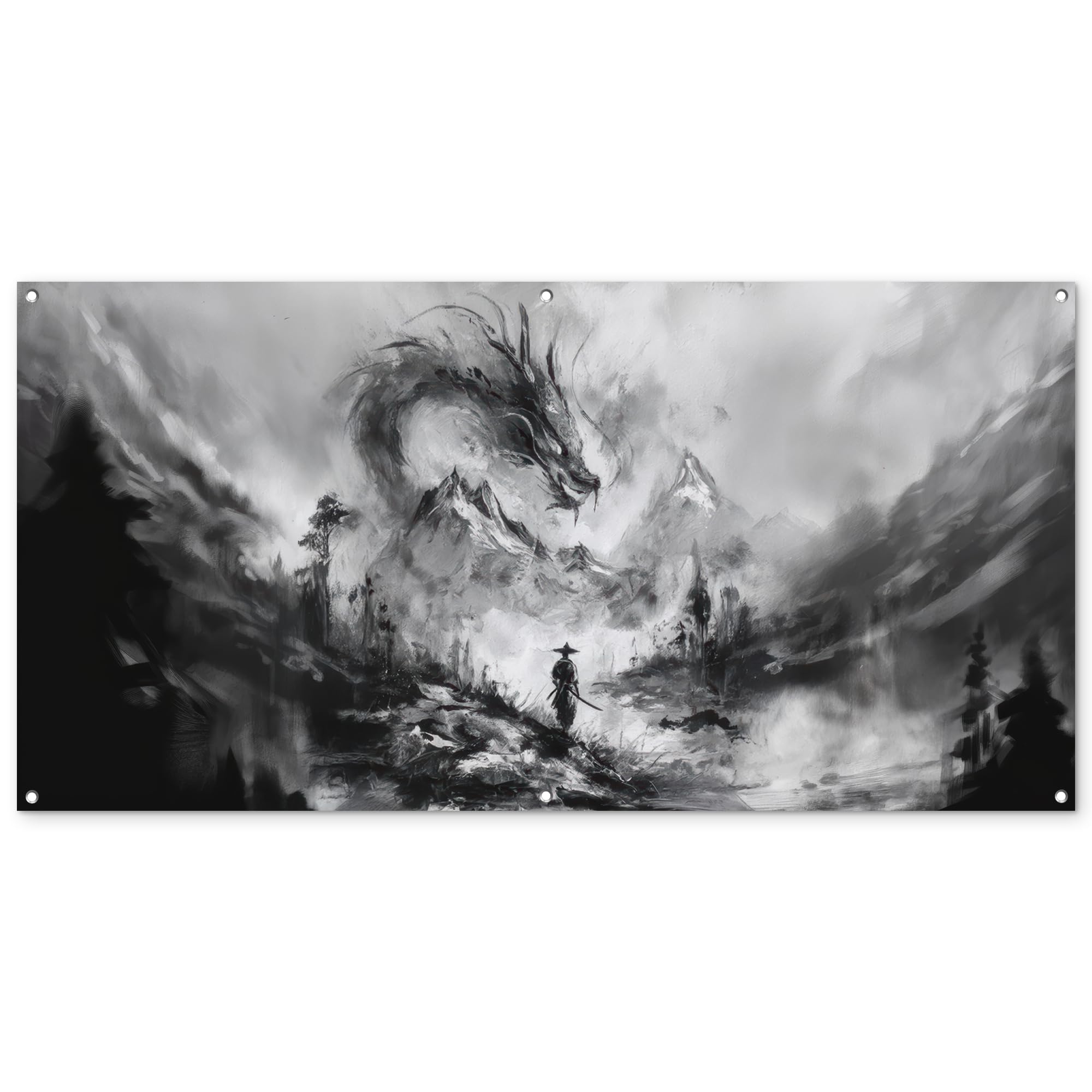 MuchoWow© Decoracion Jardin Exterior Decoración Pared Póster De Jardín | 160x80 cm - Balcón Wall Decoration Patio Posters Decorativos Terraza Guerrero - Dragón - Gris