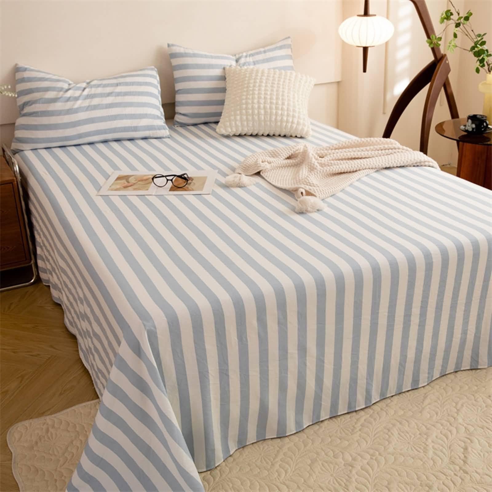 Mesnt Flat Bed Sheet Only, Chemical Fiber Stripes Pattern Bed Sheet Easy Care, Light Blue, Single (160x230cm)