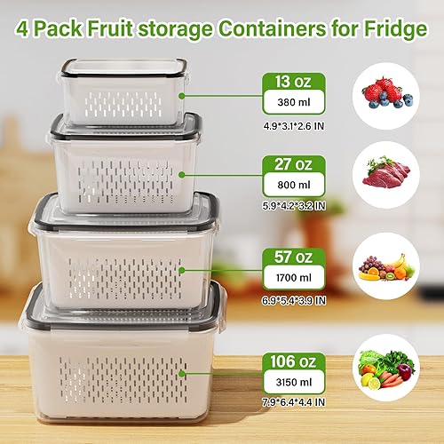 Miniatura 3 de 4 recipientes de almacenamiento de frutas para refrigerador, recipientes de productos para refrigerador con colador extraíble, cuenco de lavado de