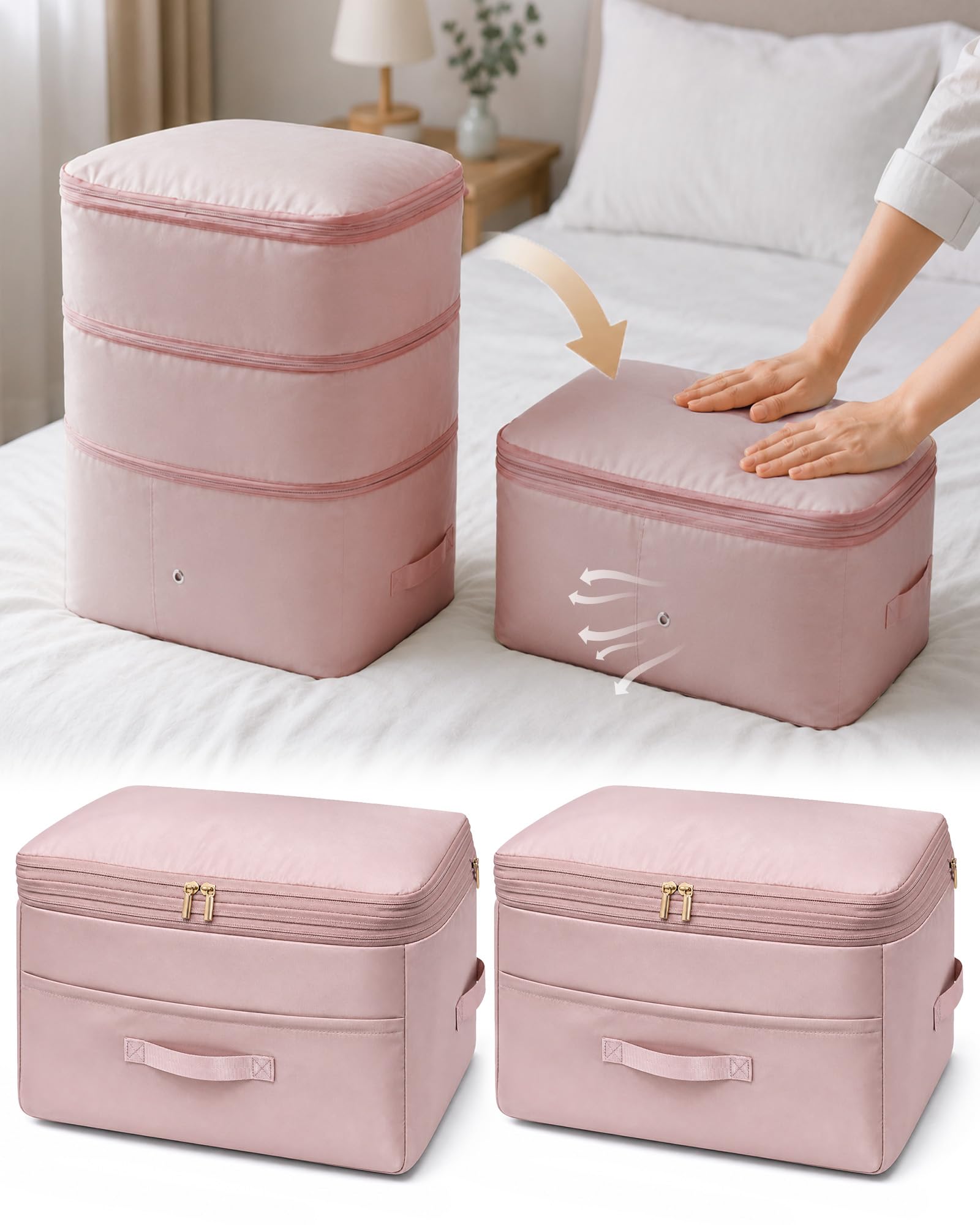 2 Stück Platzsparender Komprimierender Organizer, Aufbewahrungstasche für Bettdecken, Aufbewahrung für Keidung, Bettdecken (Rosa, XL)