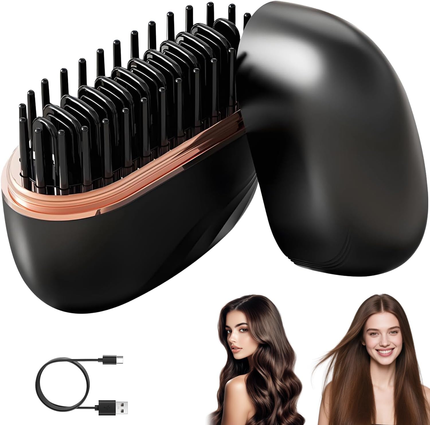 Mini Hair Straightener, 2-in-1 Cordless Hair Straightener Brush, Hair Straighteners for Women, Hot Comb,3 Heat Settings,Anti-Scald,30s Fast Heating, Portable Heated Styling Comb for Travel Home(Black)