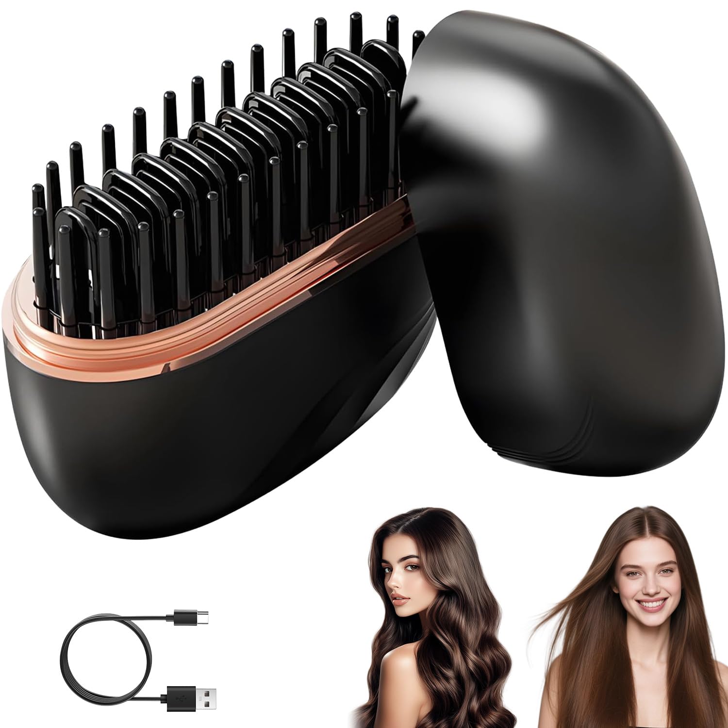 Mini Hair Straightener, 2-in-1 Cordless Hair Straightener Brush, Hair Straighteners for Women, Hot Comb,3 Heat Settings,Anti-Scald,30s Fast Heating, Portable Heated Styling Comb for Travel Home(Black)