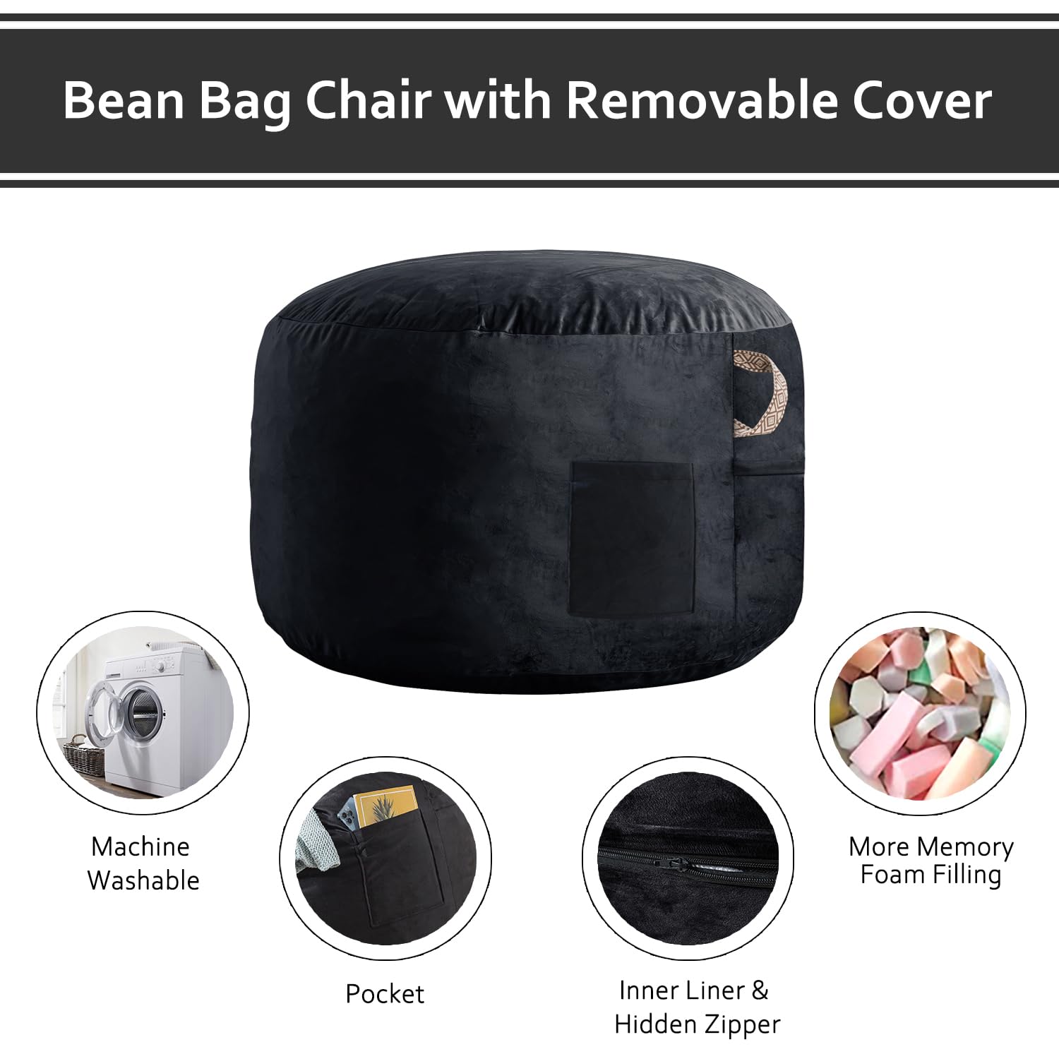WhatsBedding [Machine Washable Removable Cover Bean Bag Chairs for Adults with Memory Foam Filling,Large Bean Bag Sofa with Soft Dutch Velvet Cover,3 FT,Black