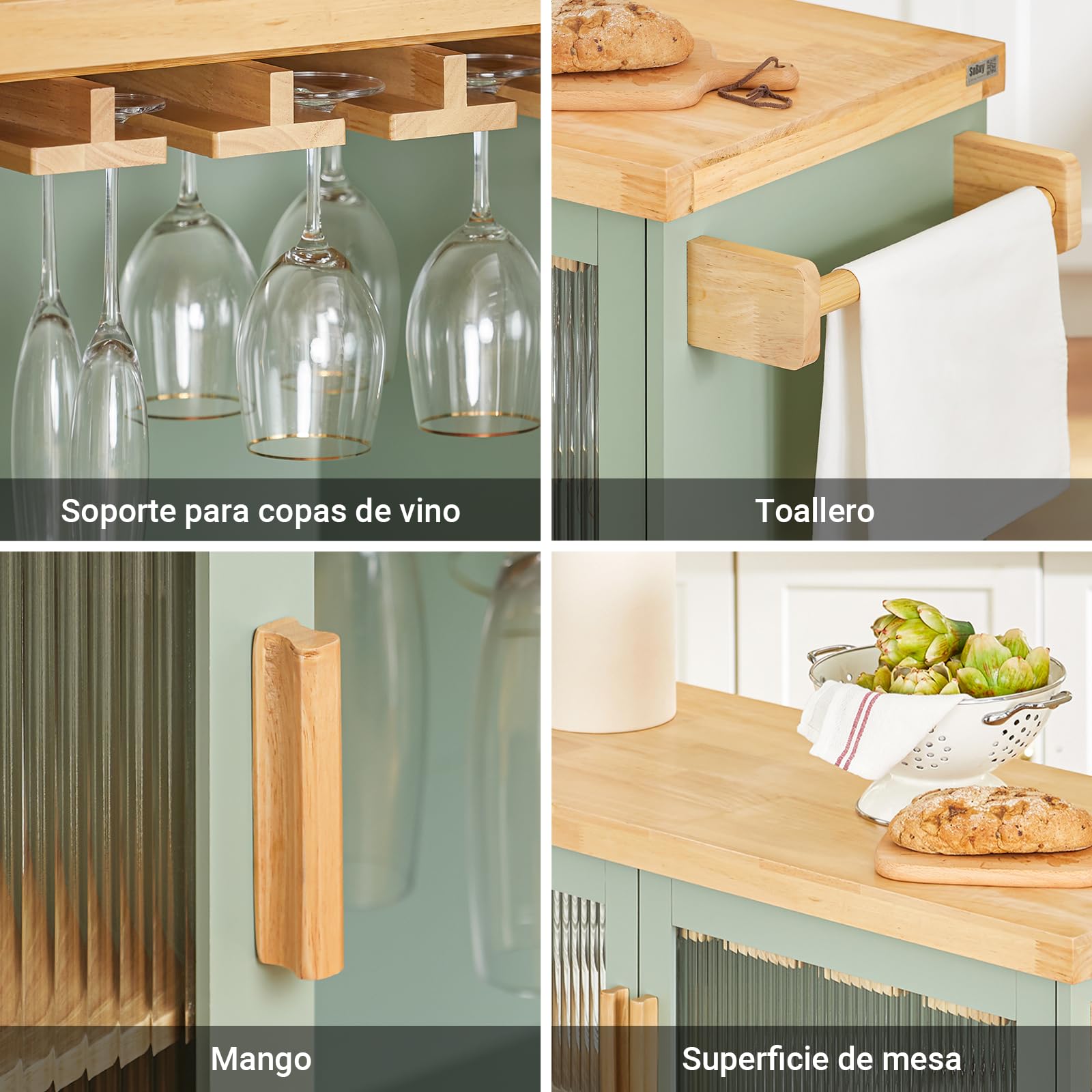 SoBuy Carrito de Cocina con Ruedas y Puertas de Cristal, 109x92x40 cm | Isla de Cocina con encimera, 2 cajones, botellero 10 bot./8 copas, carga de 90 kg, MDP/PB, para cocina, FKW114-GR