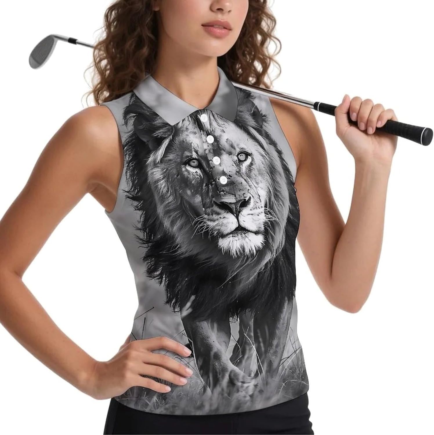 Lion Walking Women Sleeveless Collared Golf Polo Shirt | V Neck Tank Top,Breathable Tennis Shirts
