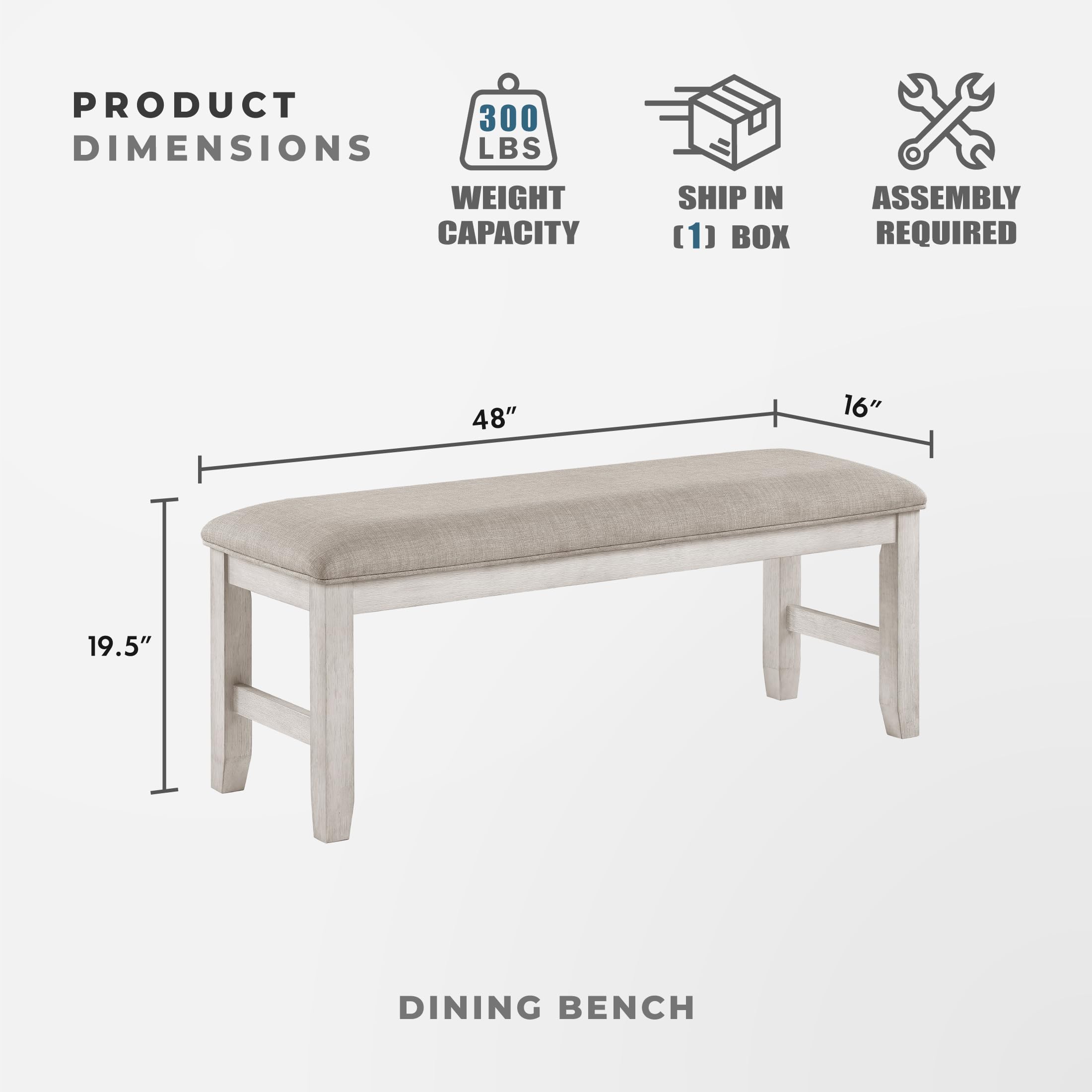 Lexicon Dining Bench, Wood Frame Gray Fabric Padded Seat, Antique White | Entryway Bench, Light Gray Textured Fabric Upholstered Dining Seat for Kitchen/Living Room