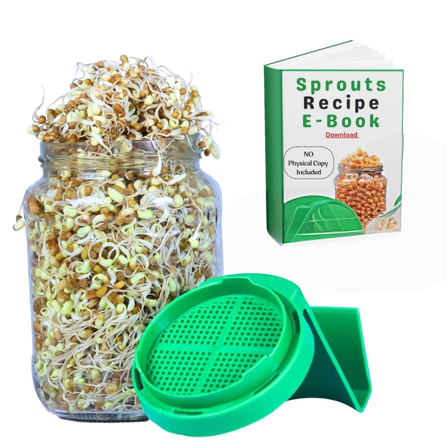 Sprout Glass Jar with Green Strainer Lid, Multi Use Container Sprouts Maker for All Seeds & Beans, Sprouts Making with Drainage Stand 720 ML (Sprout glass jar)