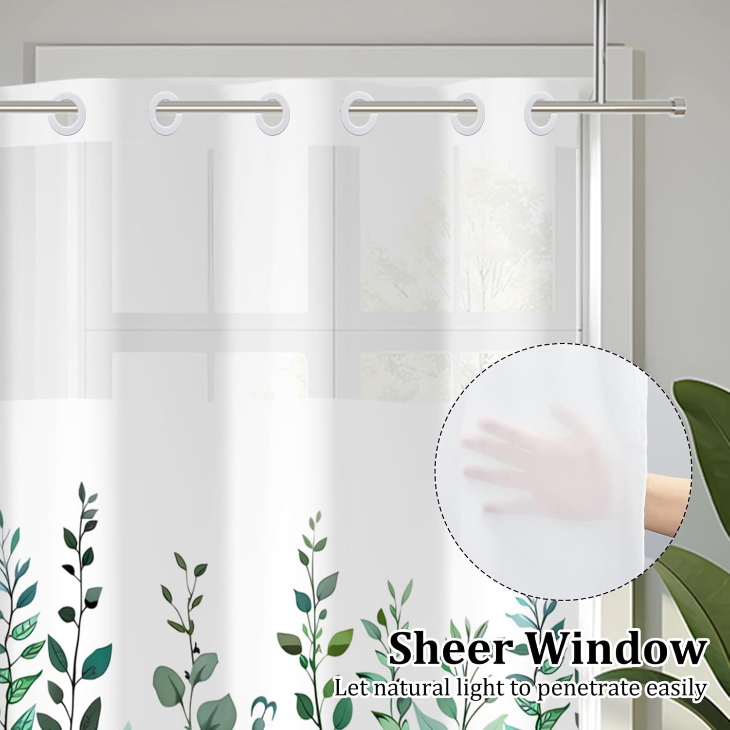 No Hook Shower Curtain with Snap in Liner Set Green Plants Bath Curtain Double Layers Waterproof Washable Fabric with See Through Mesh Top Window for Bathroom Hotel 71x74 Inch