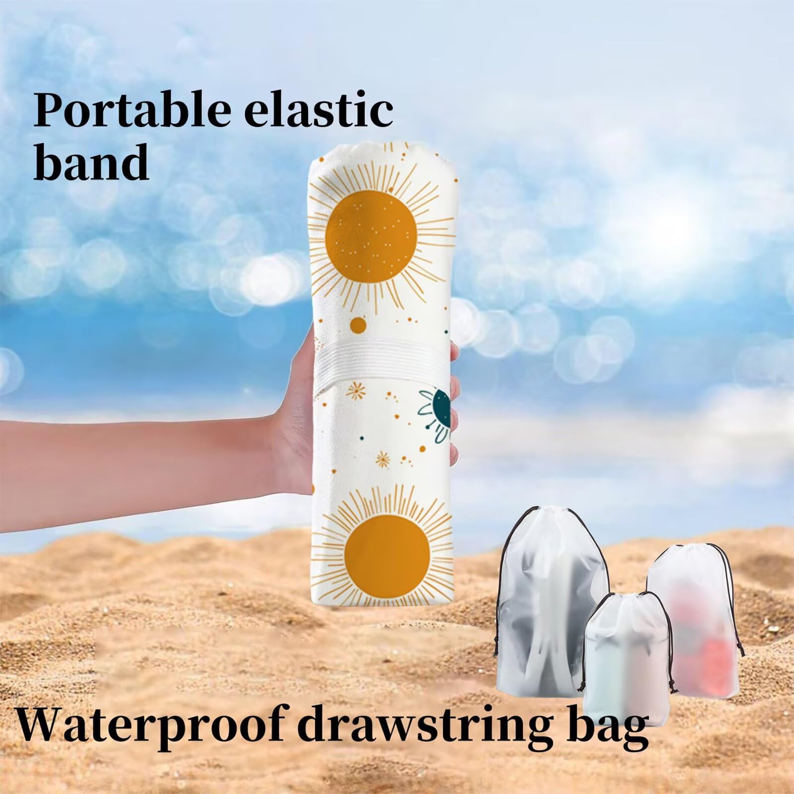 Ręcznik z mikrofibry, pomarańczowe słońce ręcznik plażowy XXL, 220 x 100 cm, chłonny i szybkoschnący ręcznik do sauny z gumką, antypoślizgowy, do łazienki, na podróż, do pływania, Y1-892