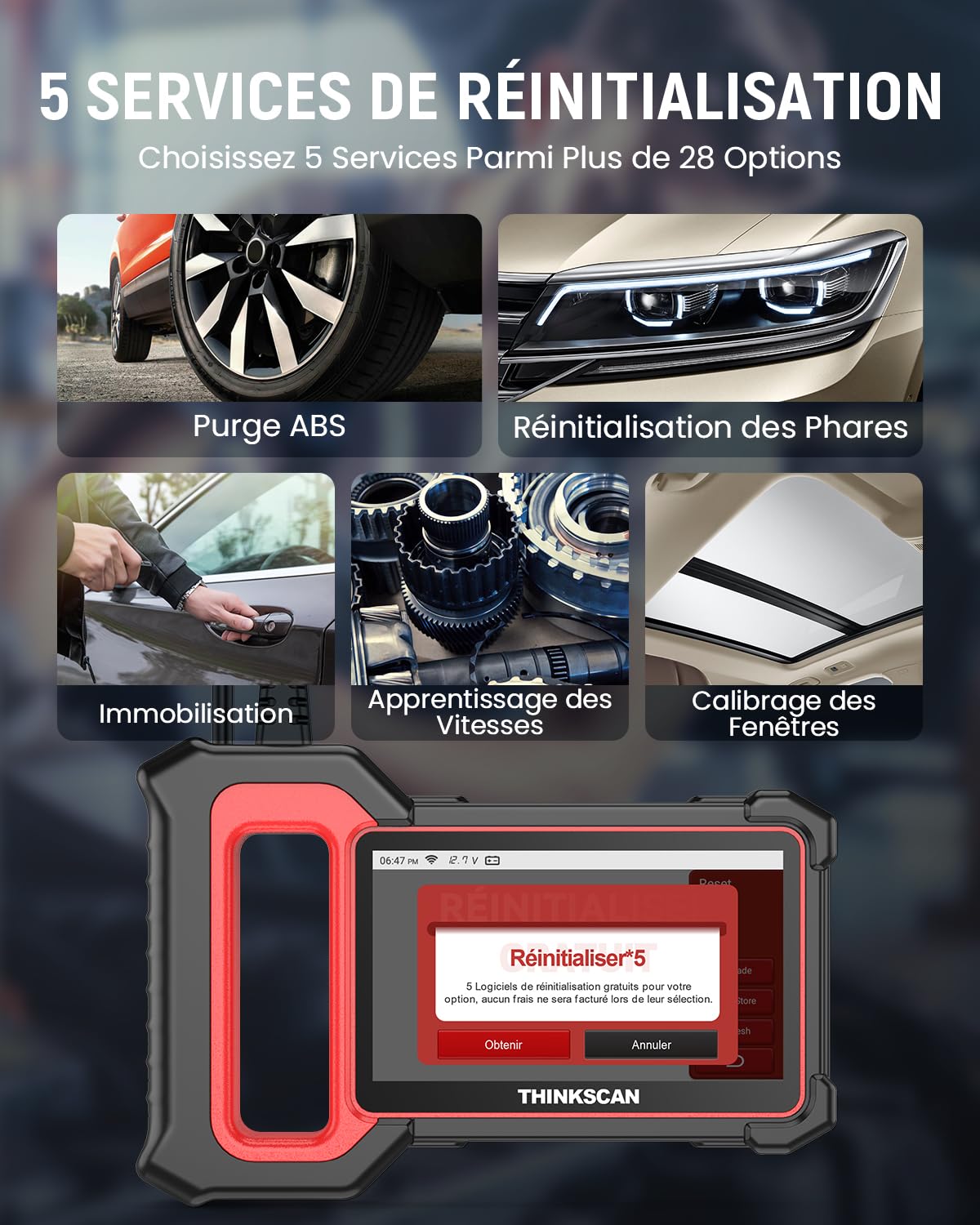 Thinkcar Valise Diagnostic Auto, ThinkScan Plus S7 OBD2 Diagnostic Français avec Moteur/TCM/ABS/SRS/BCM/AC/IC, avec 28 Services de Réinitialisation (Choisissez-en 5 Gratuitement), Mise à Jour Gratuite