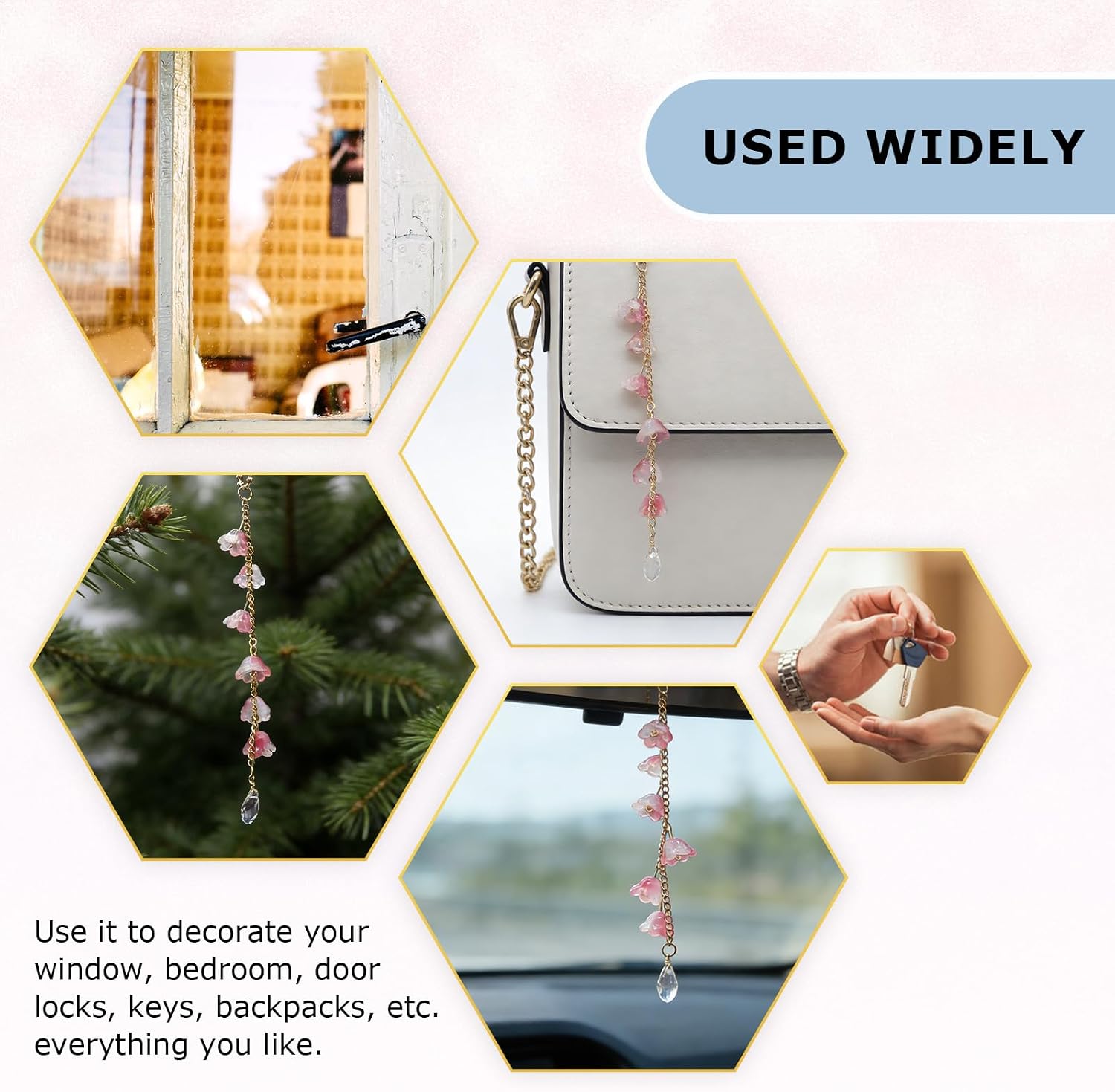 CASONA Glass Lily of The Valley Car Rearview Mirror Hanging Accessories,Cute Flower Car Charm,Girly Bellflower Sun Catcher,Pendant Ornament Gift for Women (Pink Flowers)