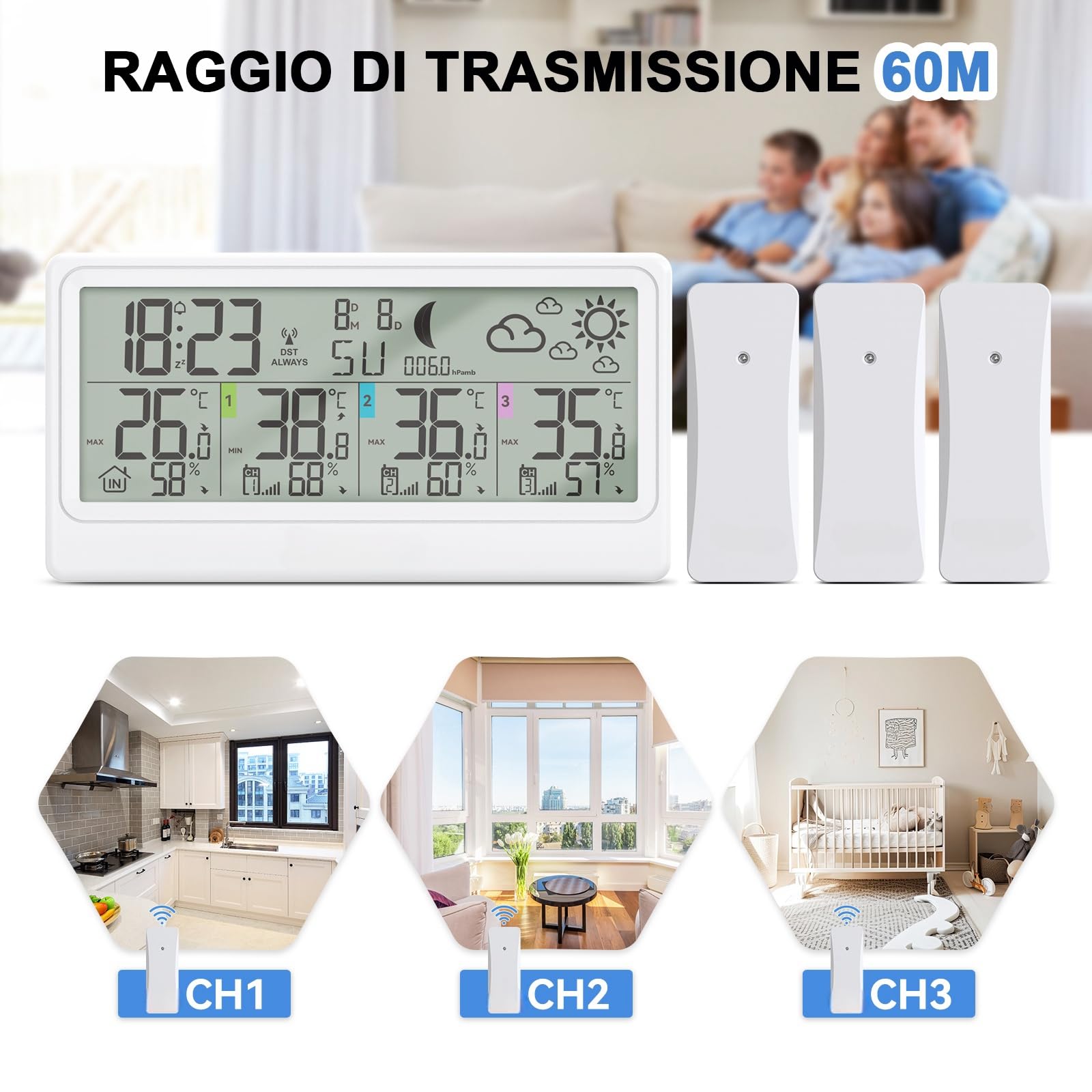 Stazione Meteo con 3 Sensore Esterno, Stazione Meteo con Display LCD 8,5”, Termometro Interno ed Esterno, Igrometro, Barometro, Previsioni Meteo, Fasi Lunari, Sveglia, Funzione Snooze e RCC