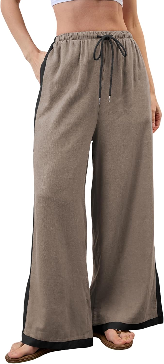 Lentta Womens Linen Wide Leg Pants Side Striped Palazzo Pants Beach Pants with Pockets Lounge Vacation Outfits