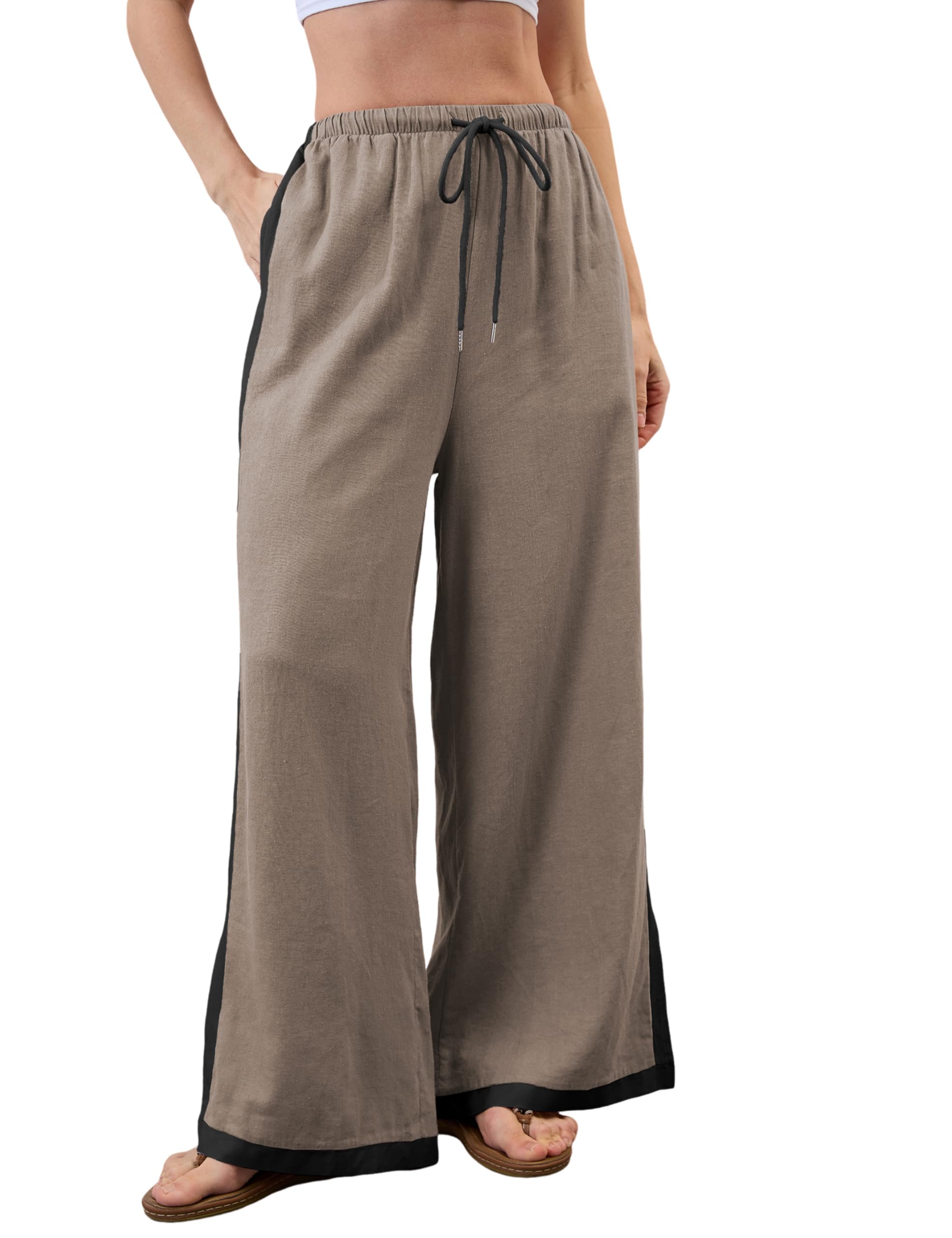 Lentta Womens Linen Wide Leg Pants Side Striped Palazzo Pants Beach Pants with Pockets Lounge Vacation Outfits