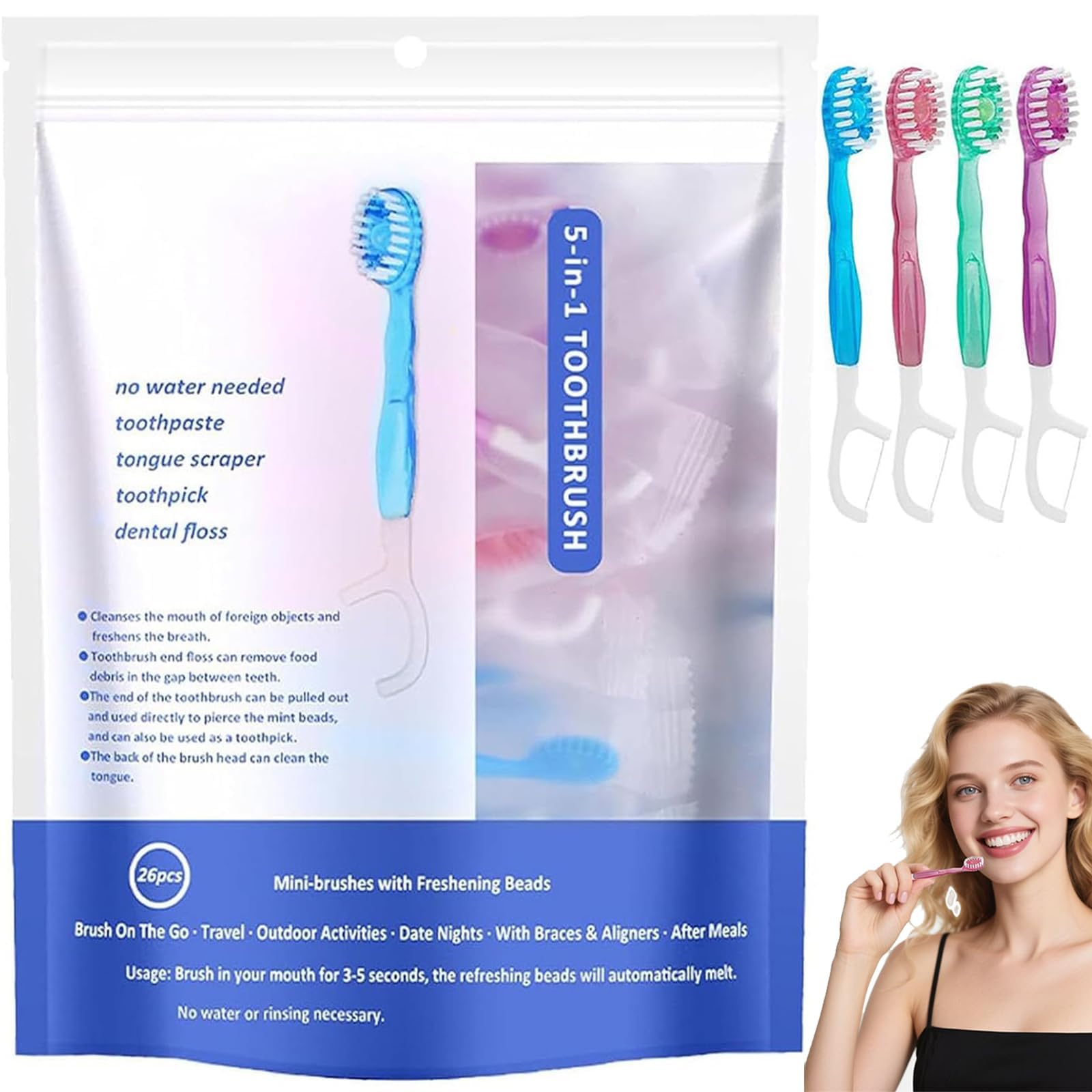 PINKE 5 in 1 Disposable Toothbrush & Floss, 26Pcs Mini Toothbrushes with Toothpaste, All in one Oral Care on The go, 5 in 1 Mini Portable Brush, Toothpaste and Floss, Disposable Travel Toothbrush Set